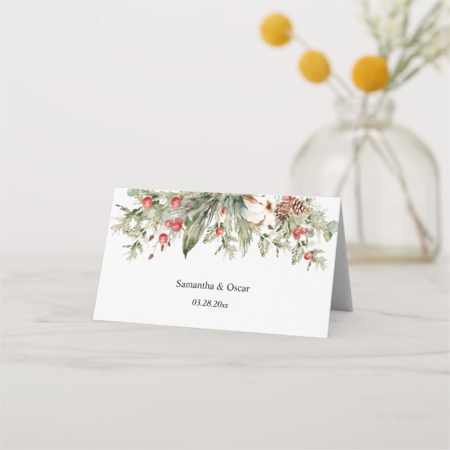 Carte De Placement Aquarelle Poinsétitie d'hiver et pin vert (Dos)