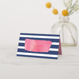 Carte De Placement Aquarelle rose chic et bandes bleues