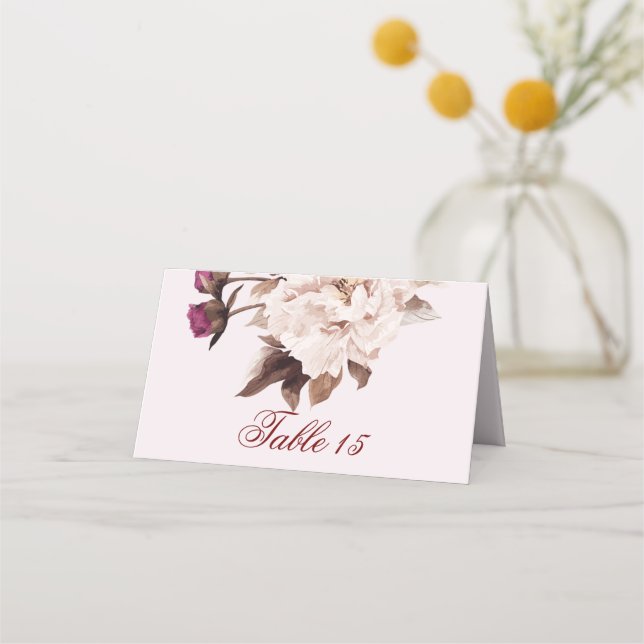 Carte De Placement Aquarelle rose Peony Floral Mariage Numéro de tabl (Devant)