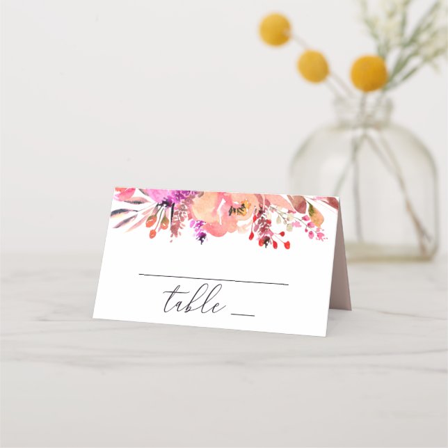 Carte De Placement Aquarelle rose vif pêche automne mariage floral (Devant)