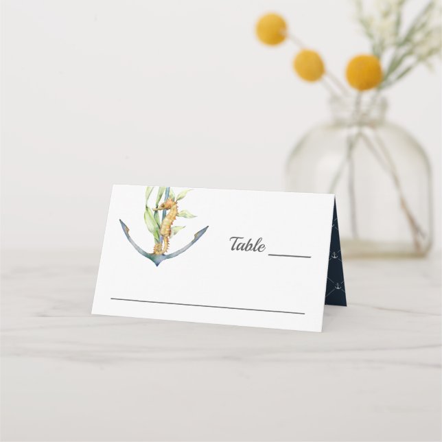Carte De Placement Aquarelle Seahorse et Ancre Mariage nautique (Devant)