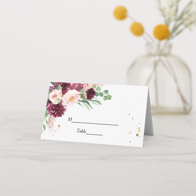 Carte De Placement Aquarelle tendance Burgundy Blush Rose Floral (Devant)