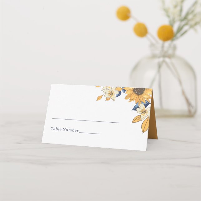 Carte De Placement Aquarelle Tournesol Jaune et Mariage bleu (Devant)
