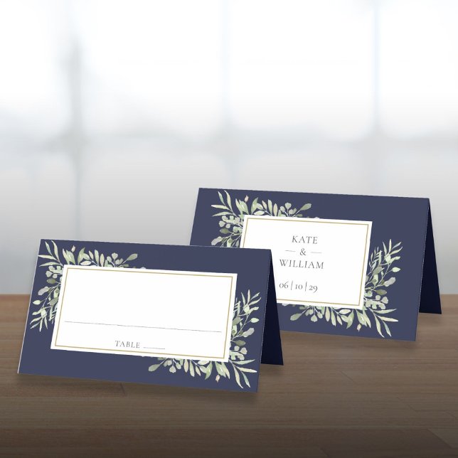 Carte De Placement Aquarelle verte Mariage bleu marine (Watercolor Greenery Navy Blue Wedding Place Card)