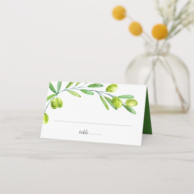 Carte De Placement Aquarelle verte Olive Branch Initiales Date (Devant)