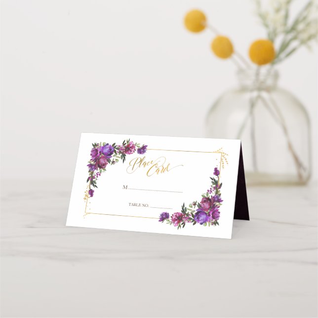 Carte De Placement Aquarelle violet rose chaud or Mariage Floral (Devant)