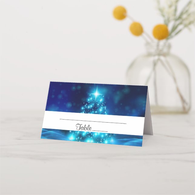 Carte De Placement Arbre de Noël bleu cool avec lumières étincelantes (Devant)
