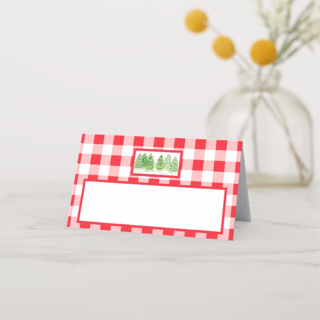 Carte De Placement Arbres d'hiver à l'aquarelle carreau gingham rouge (Devant)