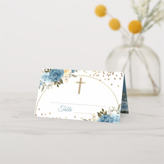 Carte De Placement Arc Gold Dusky Blue Floral Première Communion Sain (Devant)