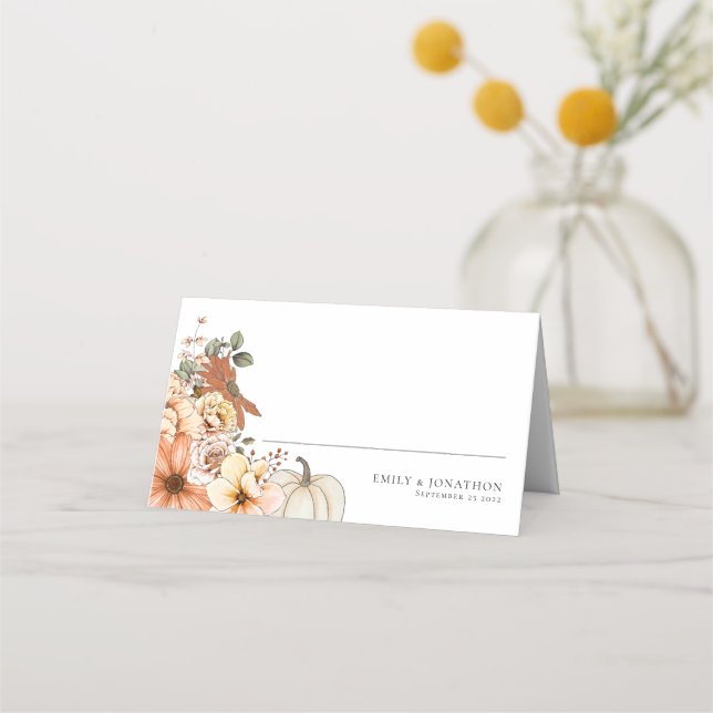 Carte De Placement Automne Florals Nom du Citrouille Date Mariage (Devant)