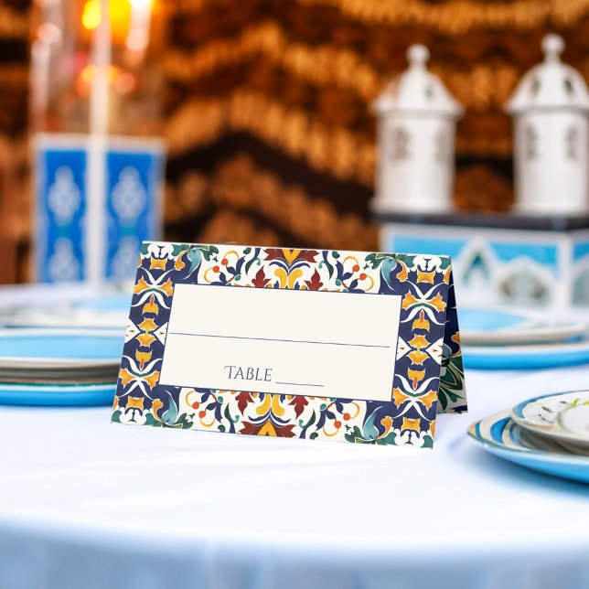 Carte De Placement Azulejo bleu portugais mariage méditerranéen (Azulejo blue Portuguese tiles Mediterranean Morocco themed wedding Place Card personalized decor)