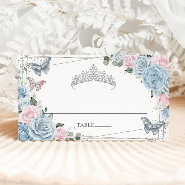 Carte De Placement Baby Blue Douce Rose Fleurie Papillons Quinceañera (Créateur téléchargé)