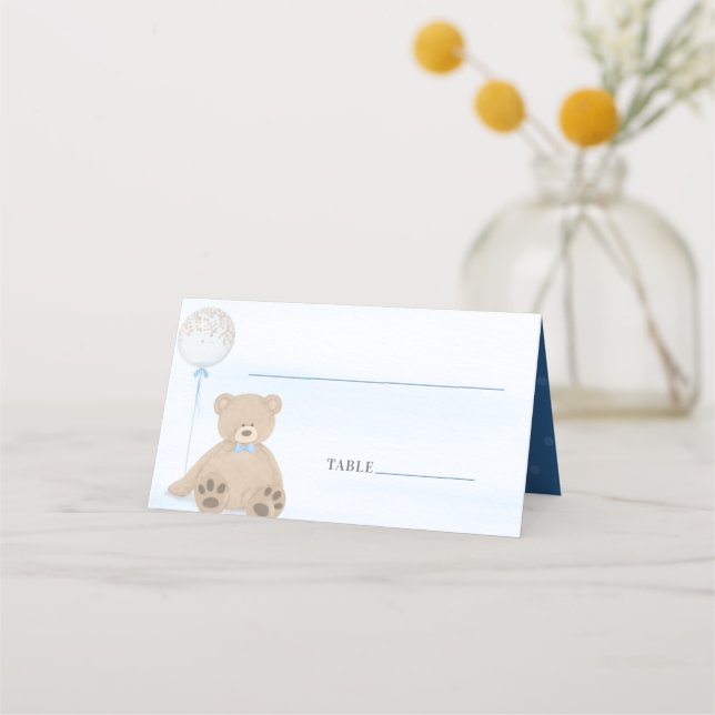 Carte De Placement Baby shower Bleu de l'ours en peluche (Devant)
