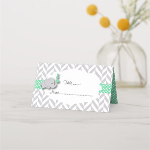 Carte De Placement Baby shower éléphant vert et gris Recto verso