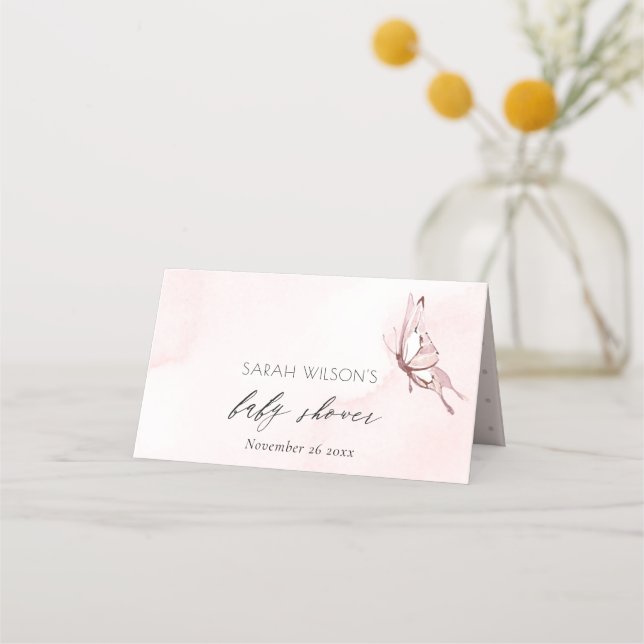 Carte De Placement Baby shower papillon rose pâle à l'aquarelle rose (Devant)