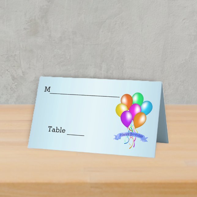 Carte De Placement Ballons d'anniversaire lumineux (Bunch of brightly coloured balloons Happy Birthday banner on light blue table place card.)