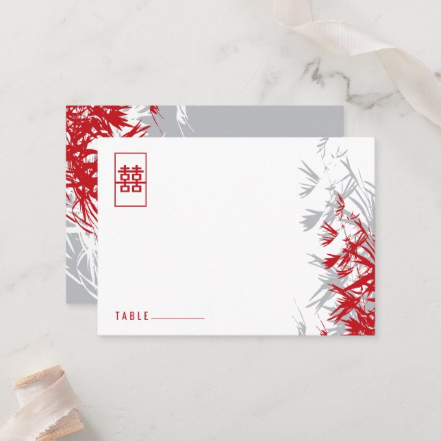 Carte De Placement Bambou rouge et gris Feuille moderne zen asiatique (Devant/Arrière en situation)