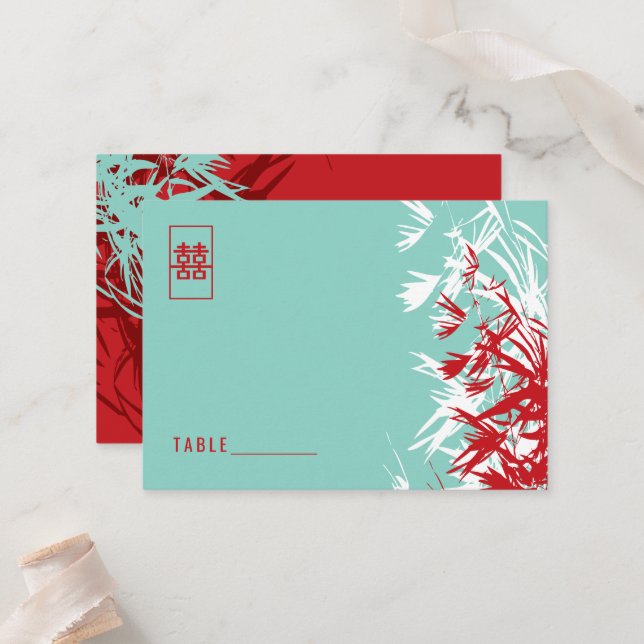 Carte De Placement Bambou Rouge et Turquoise Feuille Zen Asiatique Ma (Devant/Arrière en situation)