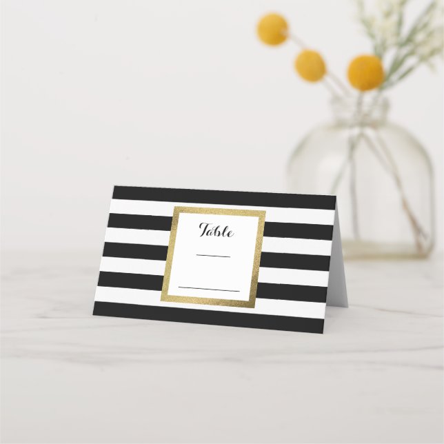 Carte De Placement Bandes noires et blanches avec table Mariage Gold  (Devant)