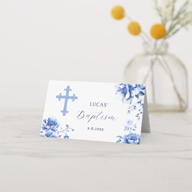Carte De Placement Baptême Bleu Fleurs Plié Carte Place (Dos)