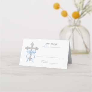 Carte De Placement Baptême élégant garçon bleu noeud papillon croix a