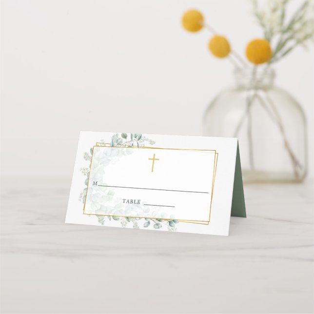Carte De Placement Baptême ou baptême d'eucalyptus géométrique (Devant)