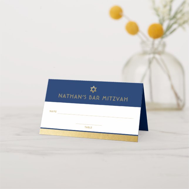 Carte De Placement Bar Mitzvah Bleu Or Moderne Plié (Devant)