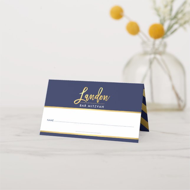 Carte De Placement BAR MITZVAH marine moderne bleu + nom or LANDON (Devant)
