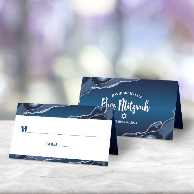 Carte De Placement Bar Mitzvah Modern Navy Blue Ombre Silver Agate (Créateur téléchargé)