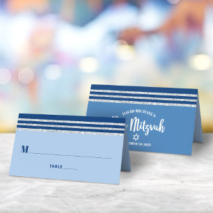 Carte De Placement Bar Mitzvah Moderne Tallit Bleu Argent Écriture Gr