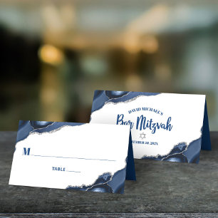 Carte De Placement Bar Mitzvah Simple Moderne Marine Bleu Argent Agat