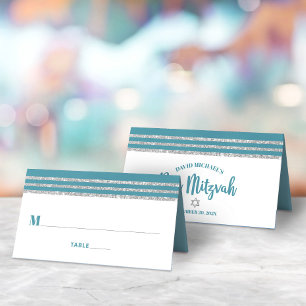 Carte De Placement Bar Mitzvah Turquoise Talit Argent Écriture Modern