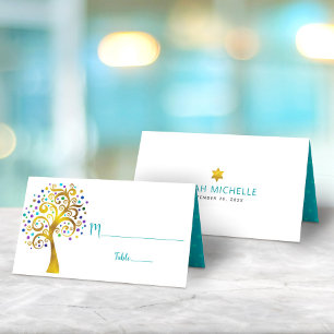 Carte De Placement Bat mitzvah d'or moderne et Turquoise Arbre de vie