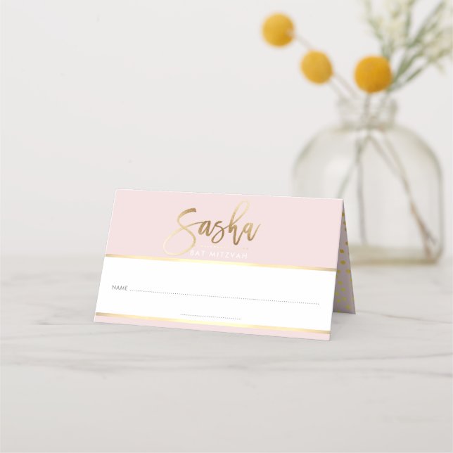 Carte De Placement BAT MITZVAH moderne rose pâle nom d'or SASHA (Devant)