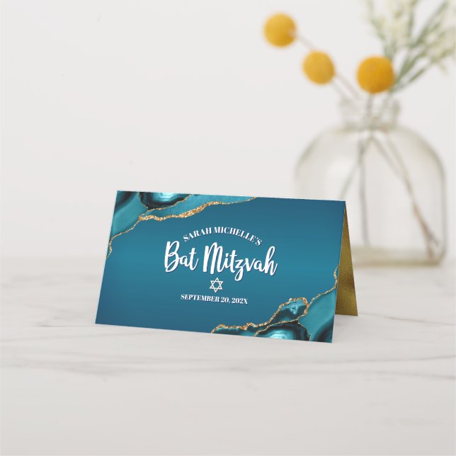 Carte De Placement Bat mitzvah Turquoise Blue Ombre Or Agate Moderne (Dos)
