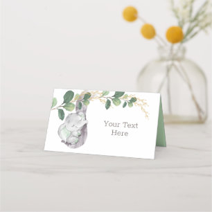 Carte De Placement Bébé Eléphant Vert et or Aquarelle Verdure