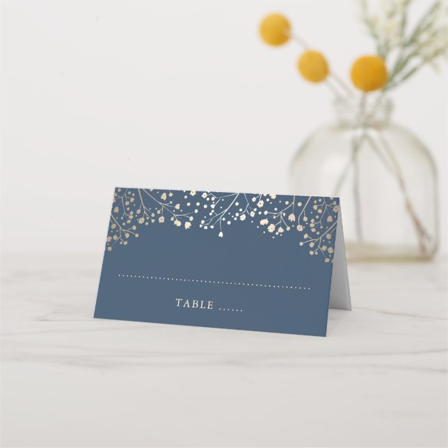 Carte De Placement Bébé's Breath Navy Bleu et Mariage d'or (Devant)