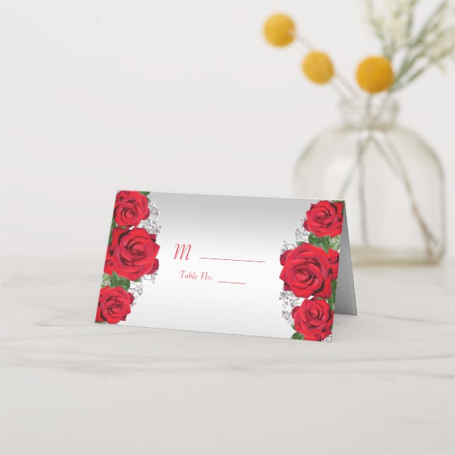 Carte De Placement Belle Romantique Roses Rouges Anniversaire (Devant)