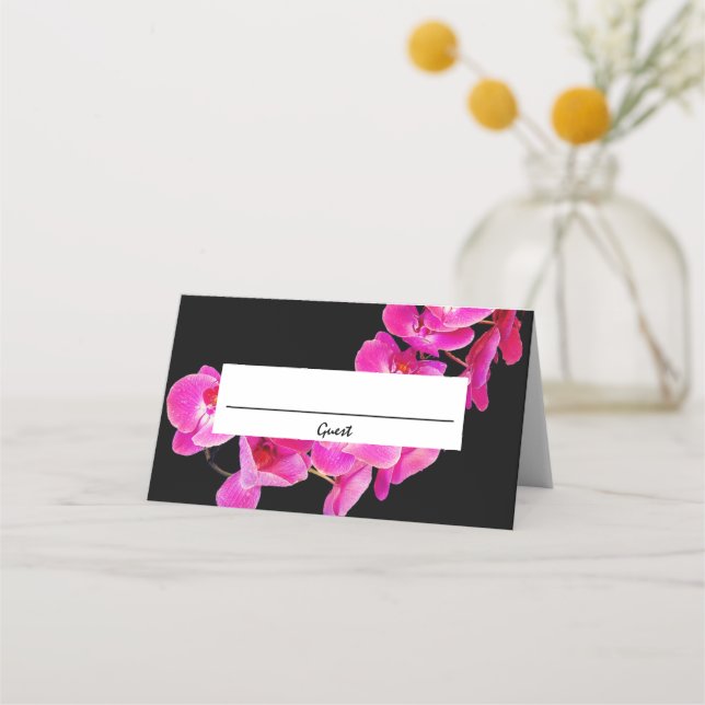 Carte De Placement Belles Orchidées Roses Sur Mariage Noir (Devant)