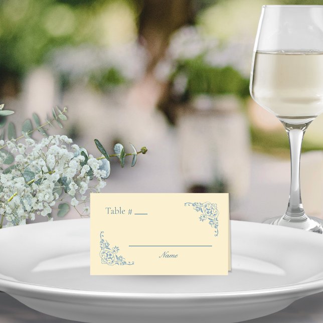 Carte De Placement Beurre Jaune Chic Blanc Numéro de table Place Card (butter yellow and dusty blue fillable blank wedding table place cards for elegant romantic events)