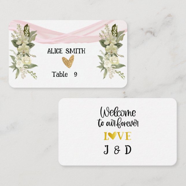 Carte De Placement Bienvenue Ruban rose et Rose blanche (Devant / Derrière)