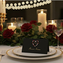 Black folded place card - floral heart Guest name