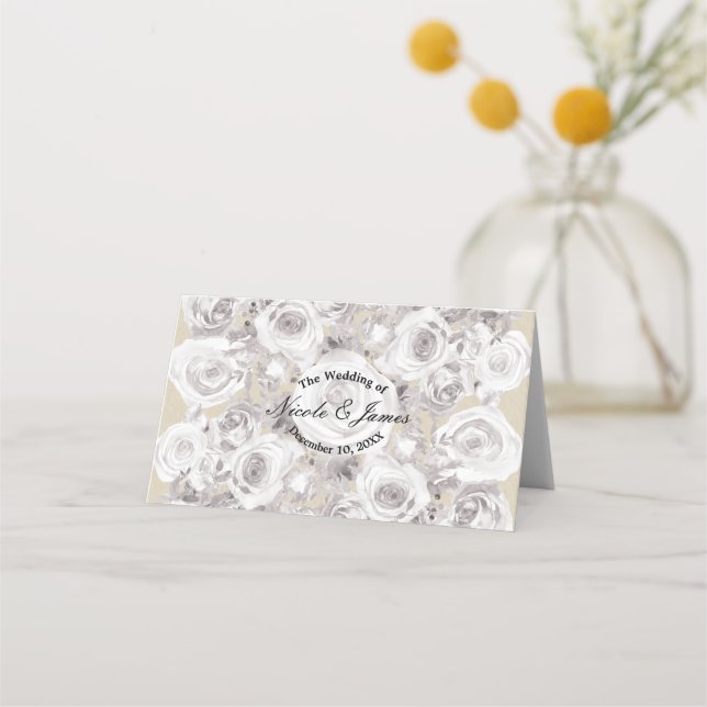 Carte De Placement Blanc Rustique Rose d'hiver Table Mariage Siège (Devant)