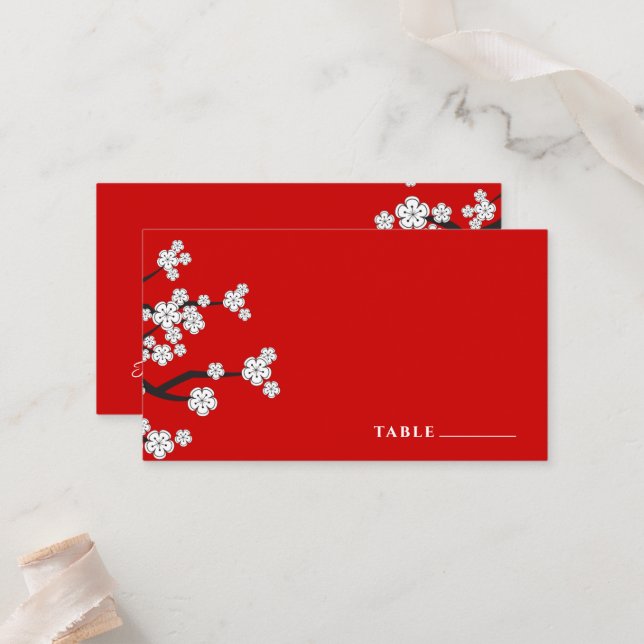 Carte De Placement Blanc Zen Sakura Cerry Blossoms Mariage d'Asie Rou (Devant/Arrière en situation)