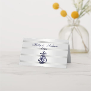 Carte De Placement Bleu Ancre Argent Blanc Marine Vigne Monogramme 33