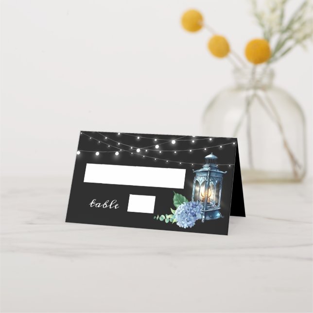 Carte De Placement Bleu Hydrangea Lanterne Boho Noir Table Mariage (Devant)
