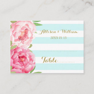 Carte De Placement Bleu Rayures Rose Floral Table Place Paramètre Car