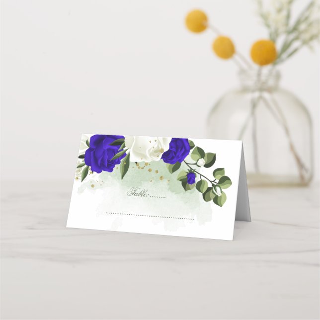 Carte De Placement bleu royal et fleurs blanches verdure (Devant)