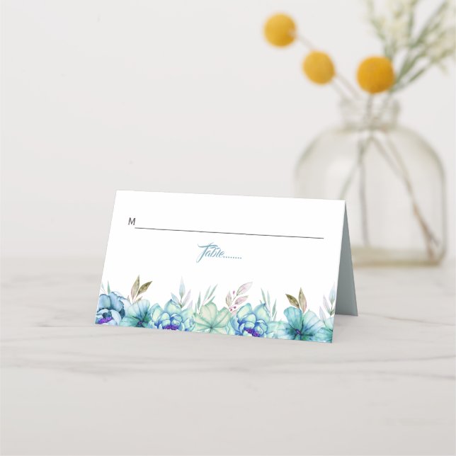 Carte De Placement Bleu, vert menthe aquarelle fleurs mariage florale (Devant)