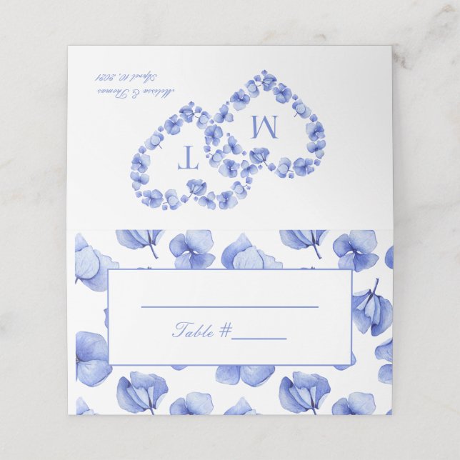 Carte De Placement Blue Hydrangea Floral Mariage Plaqué Carte Place (Extérieur déplié)
